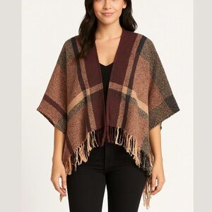 Woven Heart Poncho Tan Knit Plaid Shrug